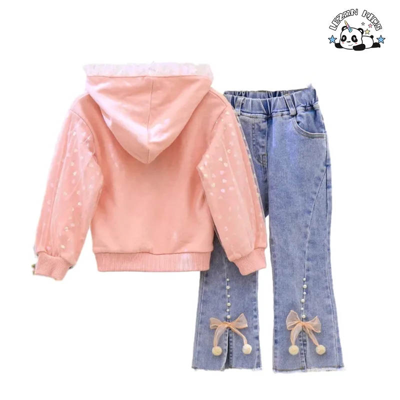 LEZONKIDS - New Fashion Kids Clothing Girls Sequined Unicorn Hoodie Denim Pearl Pants